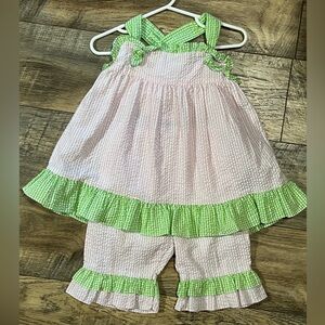Petit Pomme Seersucker Set Dress Bloomer baby girl 24 m Pink Green White  Easter